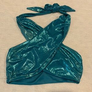 Princess Polly teal shimmery cross neck top